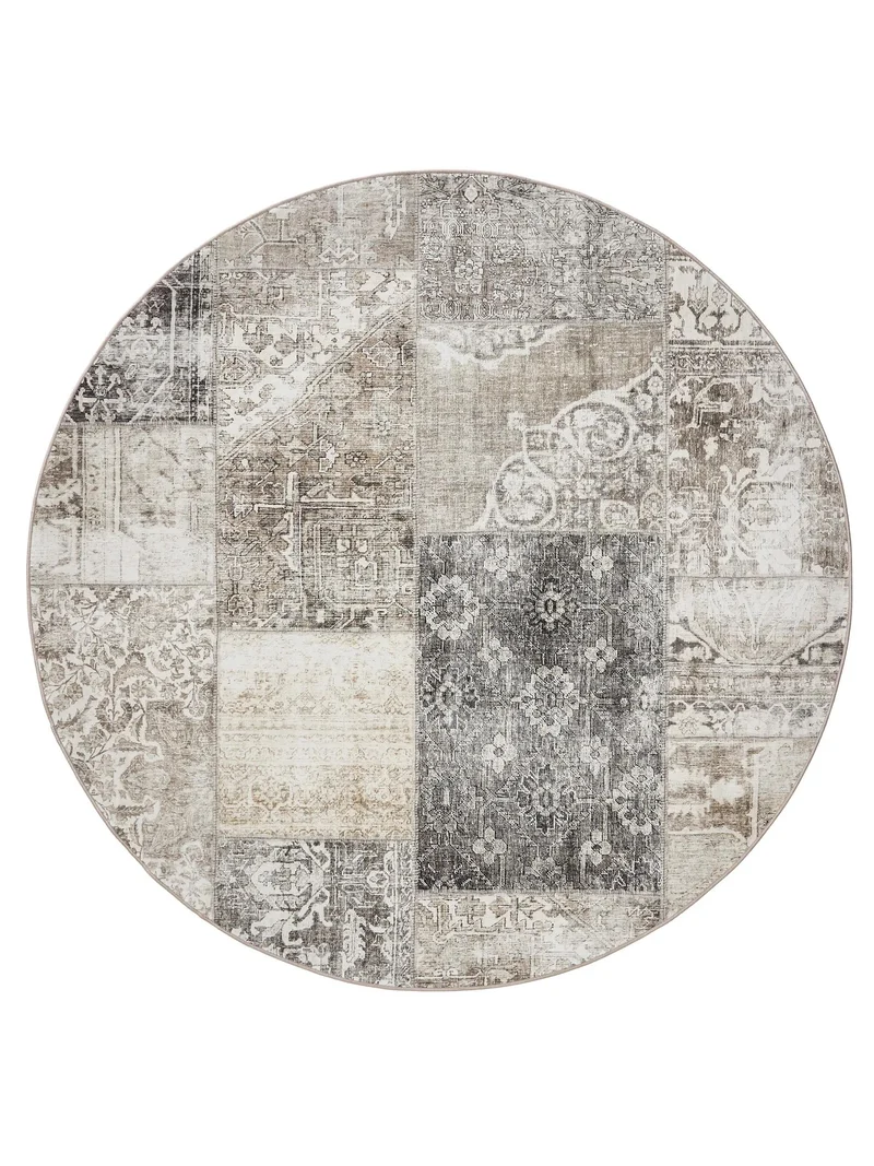 Tapis patchwork vintage rond gris lavable 160 cm de diamètre