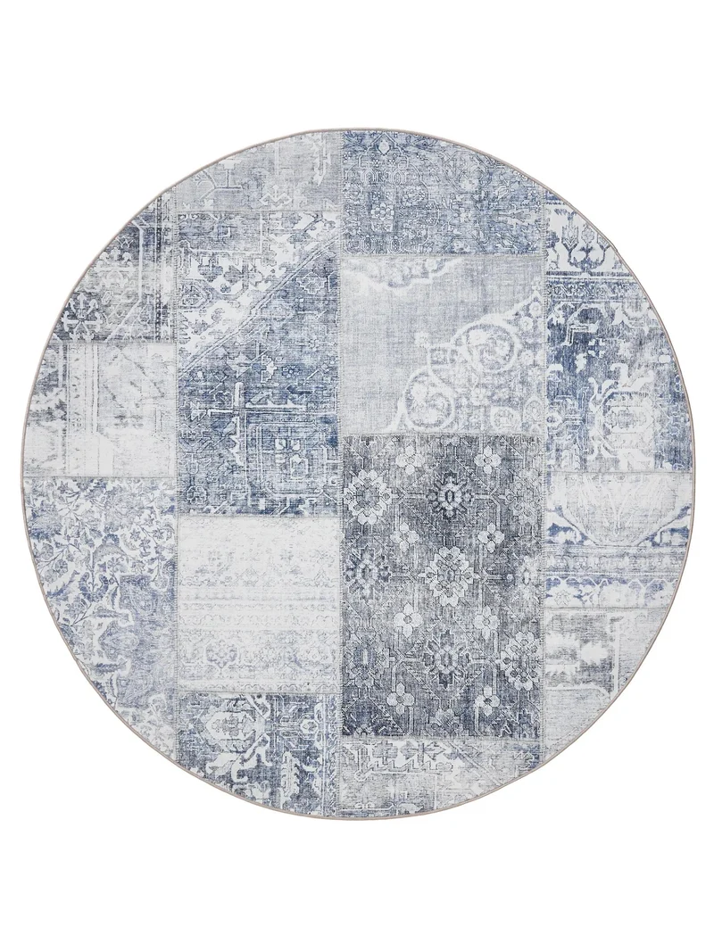 Tapis patchwork vintage rond bleu lavable 120 cm de diamètre