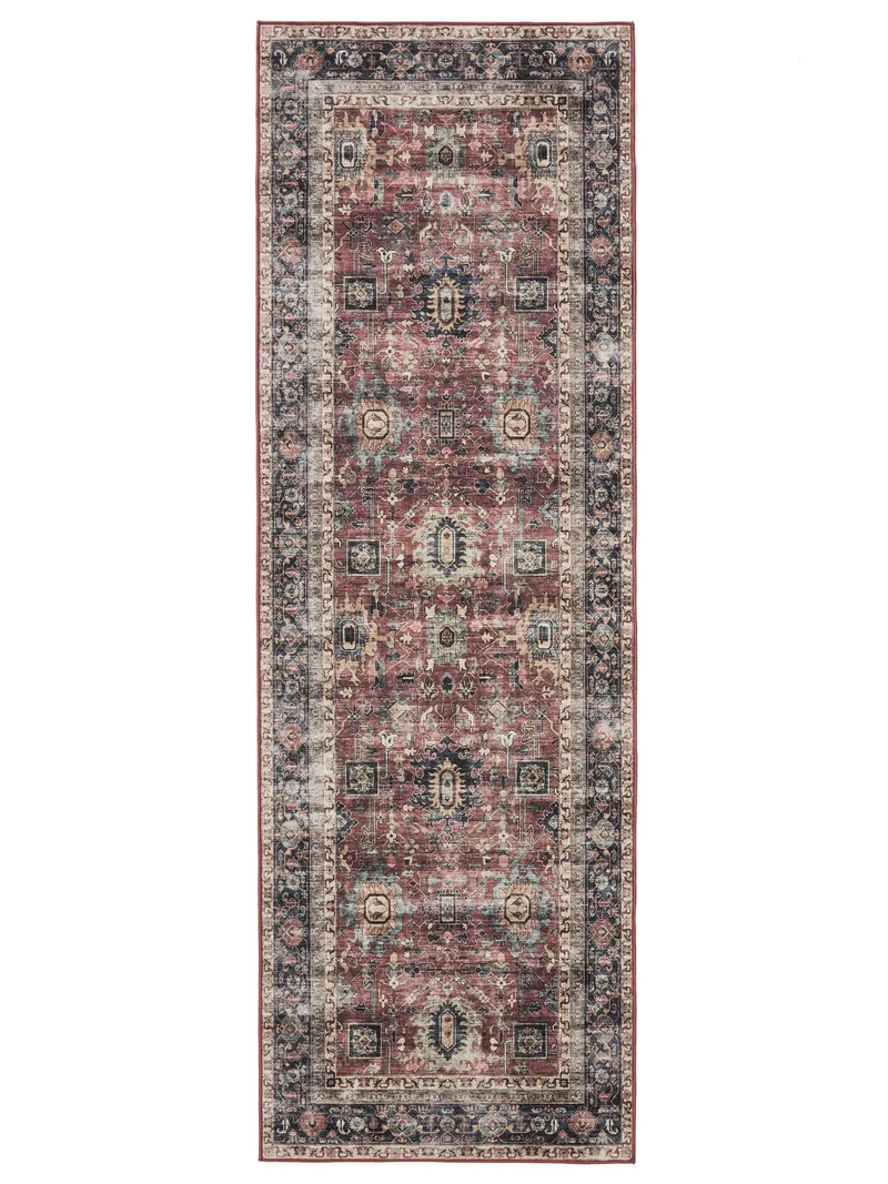 Tapis vintage motif ethnique de couloir bordeaux et noir lavable 80x240 cm