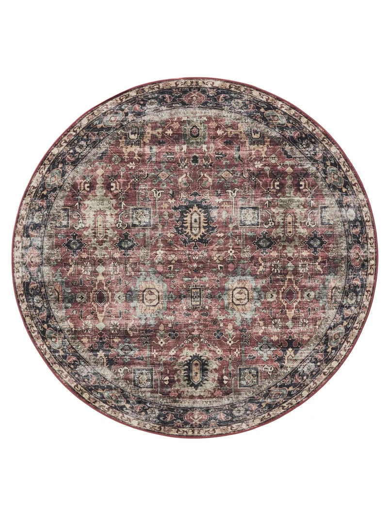 Tapis vintage motif ethnique rond bordeaux et noir lavable 160 cm de diamètre