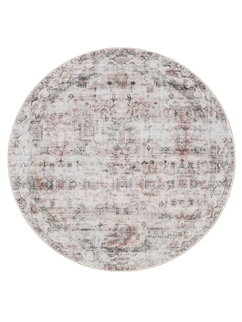 Tapis vintage motif ethnique rond beige et blanc lavable 120 cm de diamètre
