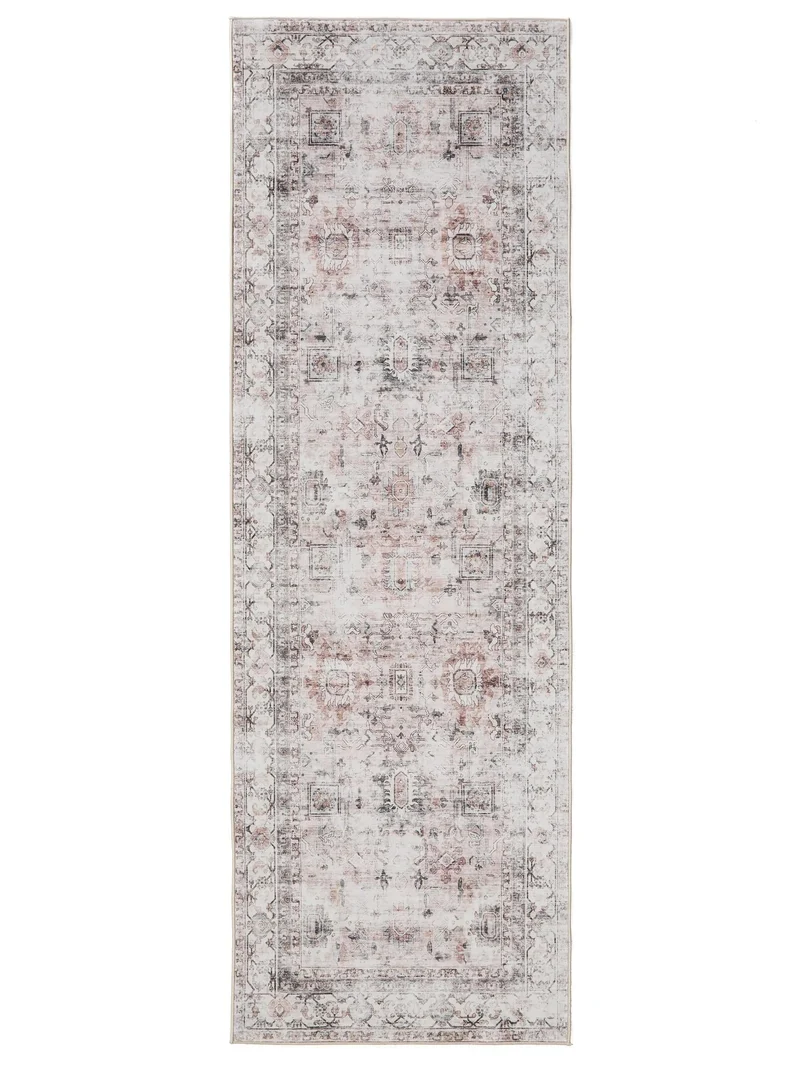 Tapis vintage motif ethnique de couloir beige et blanc lavable 80x240 cm
