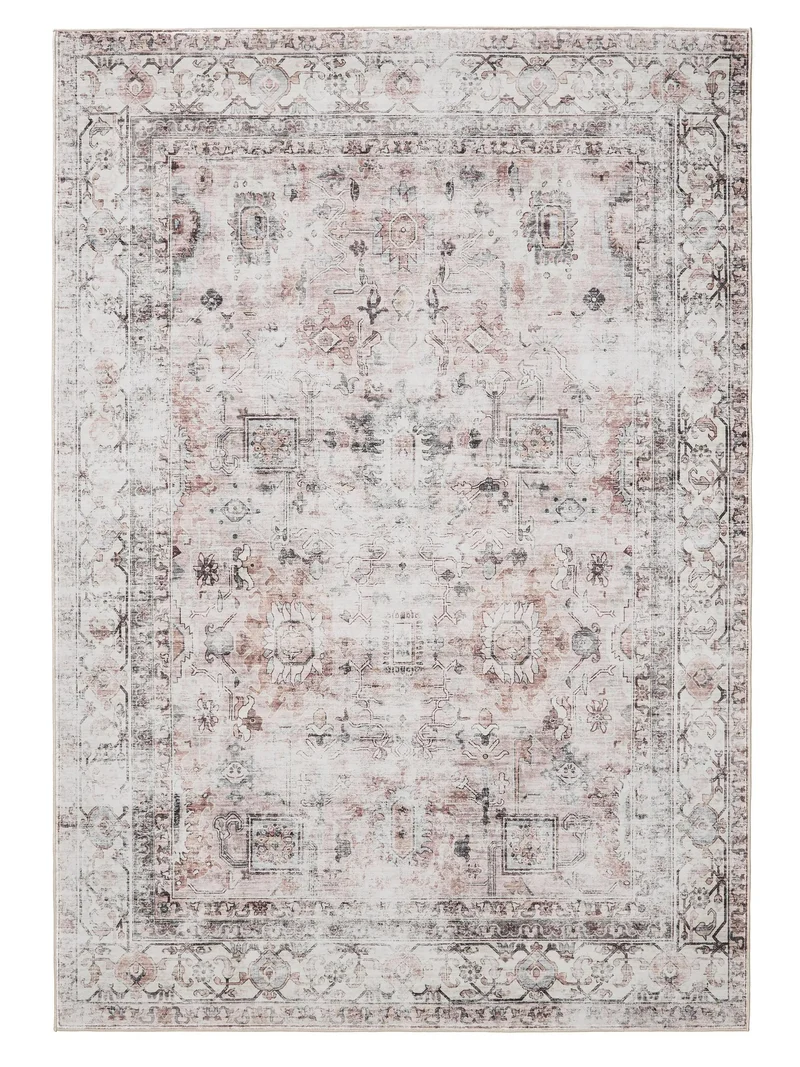 Tapis vintage motif ethnique beige et blanc lavable 140x200 cm