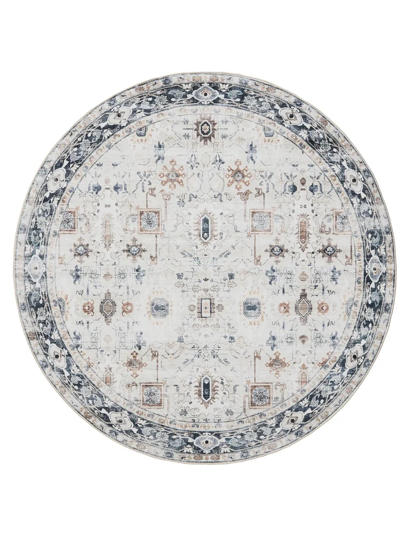 Tapis vintage motif ethnique rond blanc et bleu lavable 120 cm de diamètre