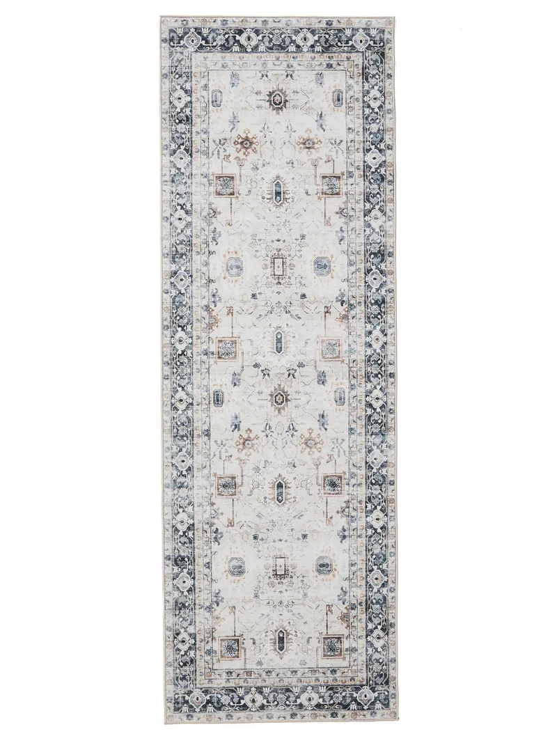 Tapis vintage motif ethnique de couloir blanc et bleu lavable 80x240 cm