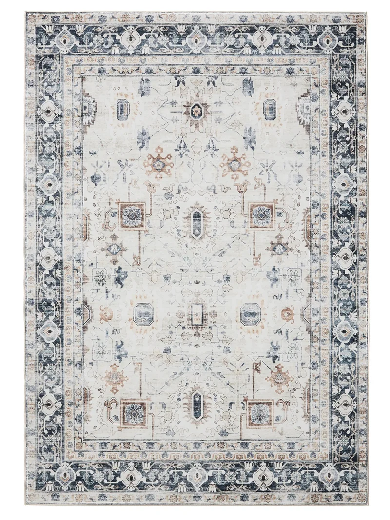 Tapis vintage motif ethnique blanc et bleu lavable 80x150 cm