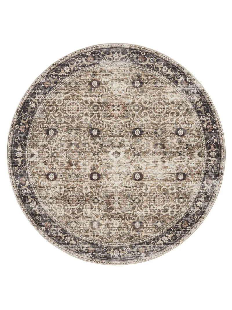 Tapis oriental vintage rond gris et marron lavable 120 cm de diamètre