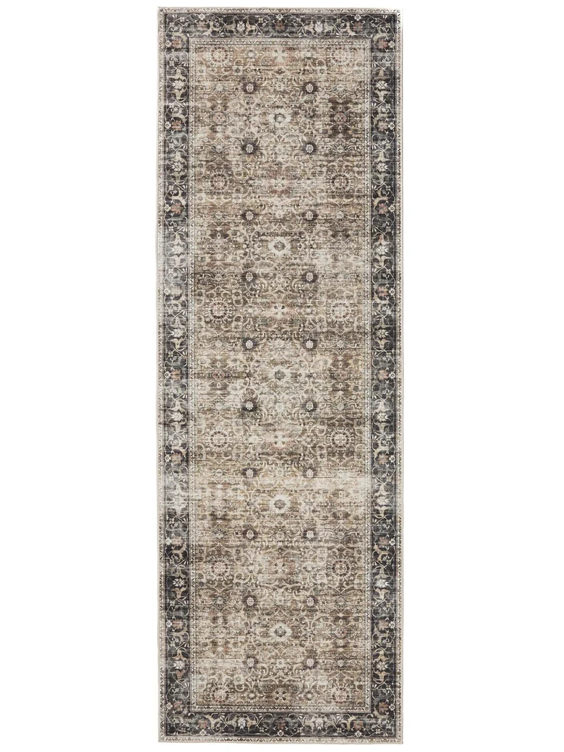 Tapis oriental vintage de couloir gris et marron lavable 80x240 cm