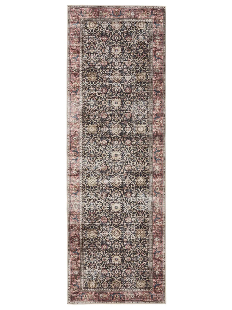 Tapis oriental vintage de couloir noir et marron lavable 80x240 cm