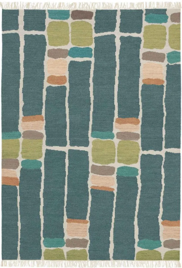 Tapis Kilim en Laine tissé main Bleu STACK