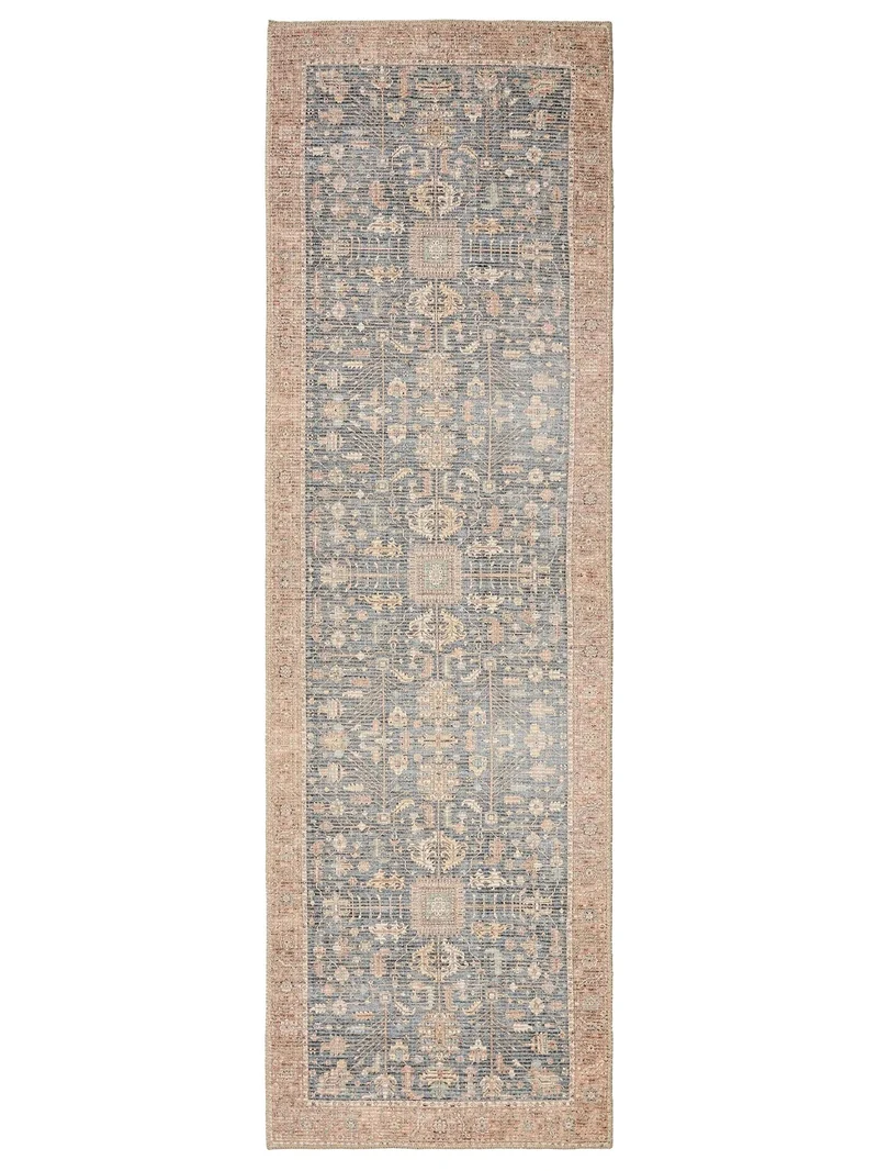 Tapis vintage inspiration bohème de couloir orange et bleu 80x250 cm
