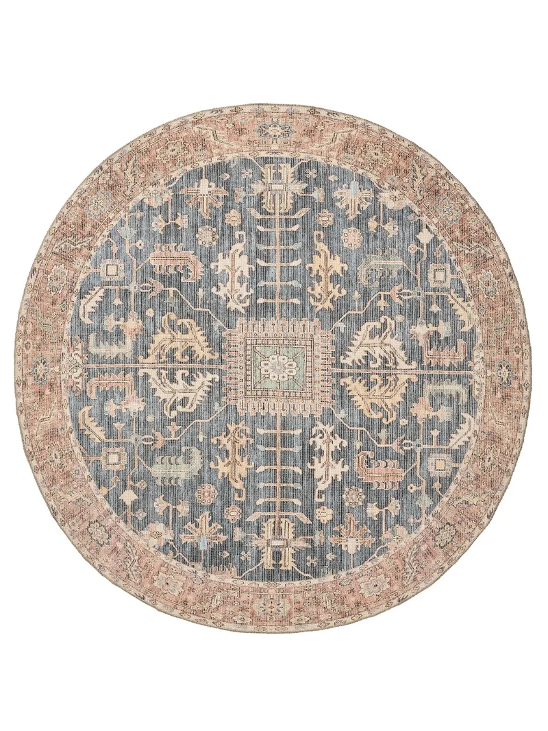 Tapis vintage inspiration bohème rond orange et bleu 240 cm de diamètre