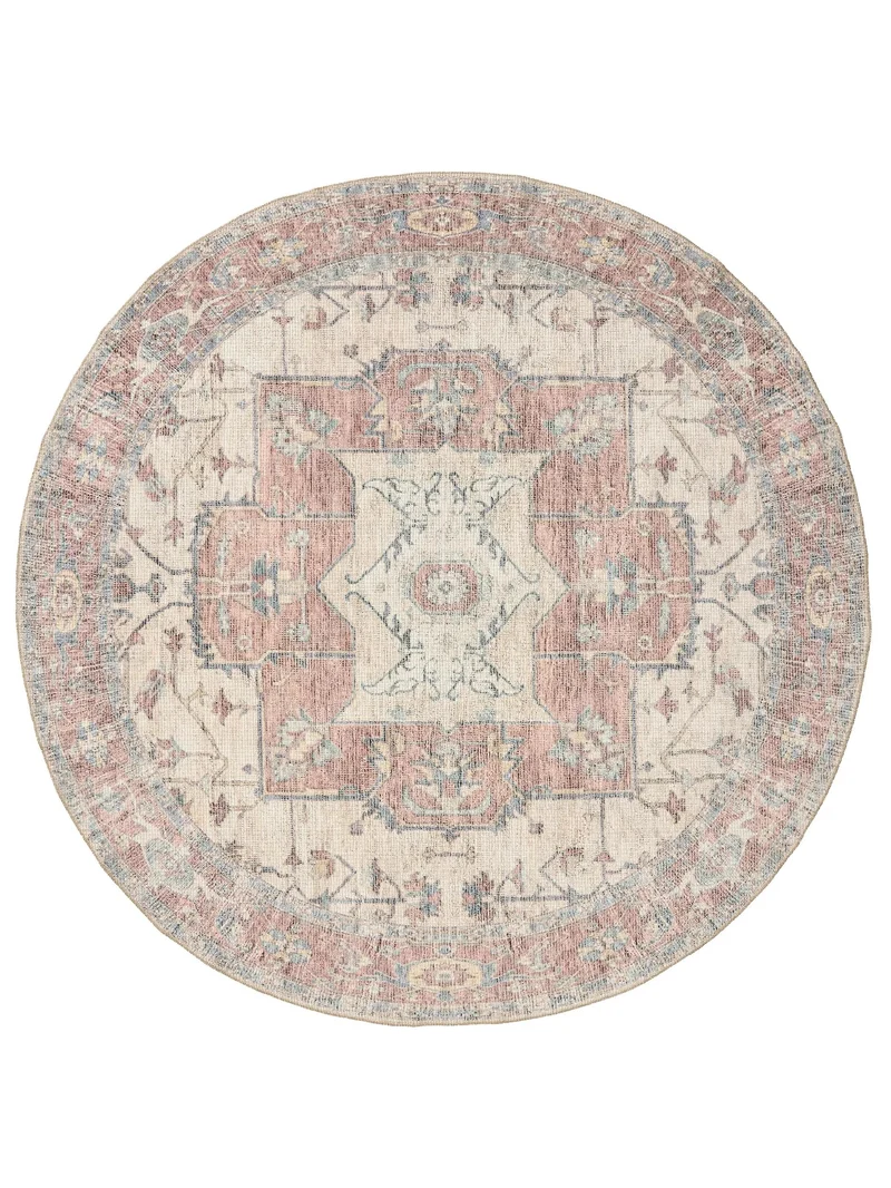 Tapis vintage inspiration oriental rond rouge et beige 240 cm de diamètre