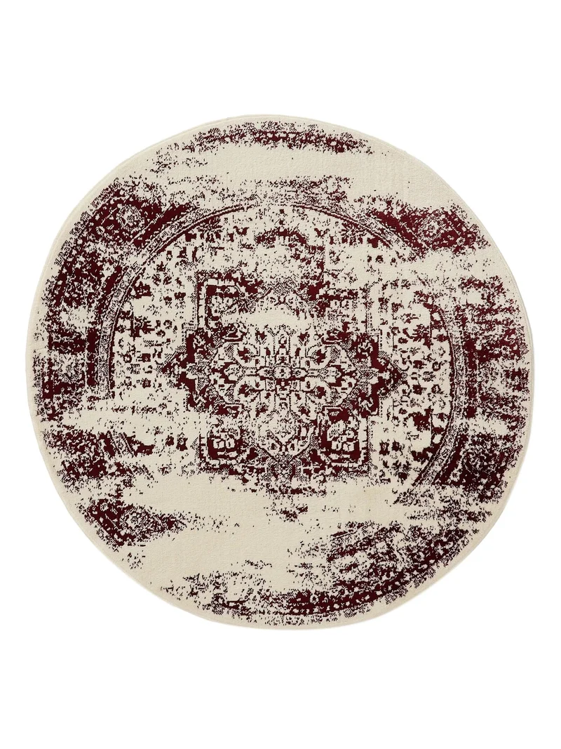 Tapis vintage oriental rond beige et bordeaux 120 cm de diamètre