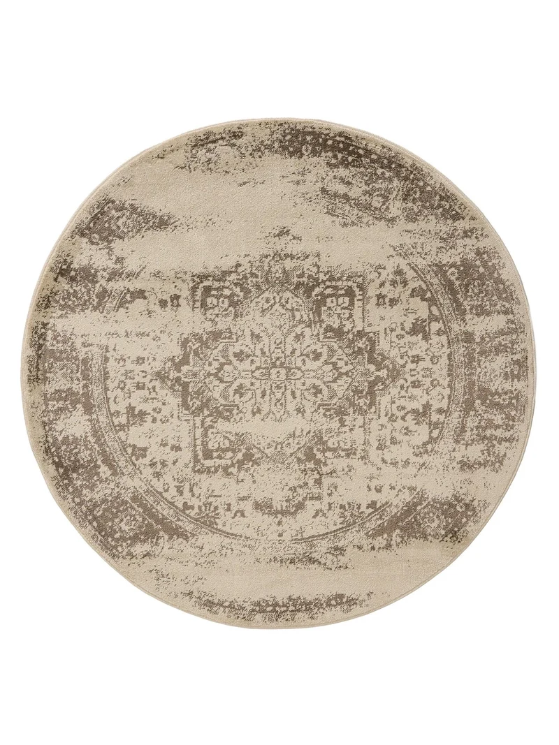 Tapis vintage oriental rond crème et marron 120 cm de diamètre