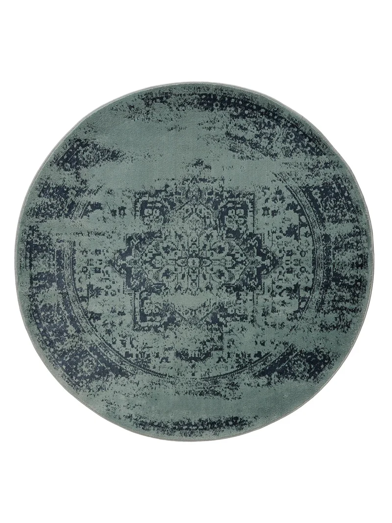 Tapis vintage oriental rond vert et bleu 120 cm de diamètre