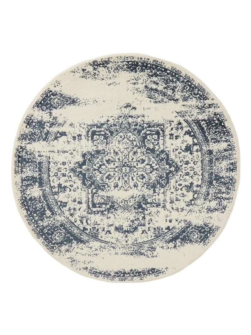Tapis vintage oriental rond beige et bleu 120 cm de diamètre