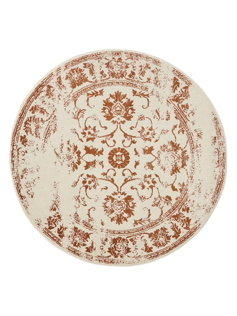 Tapis vintage motif floral rond crème et terracotta 120 cm de diamètre