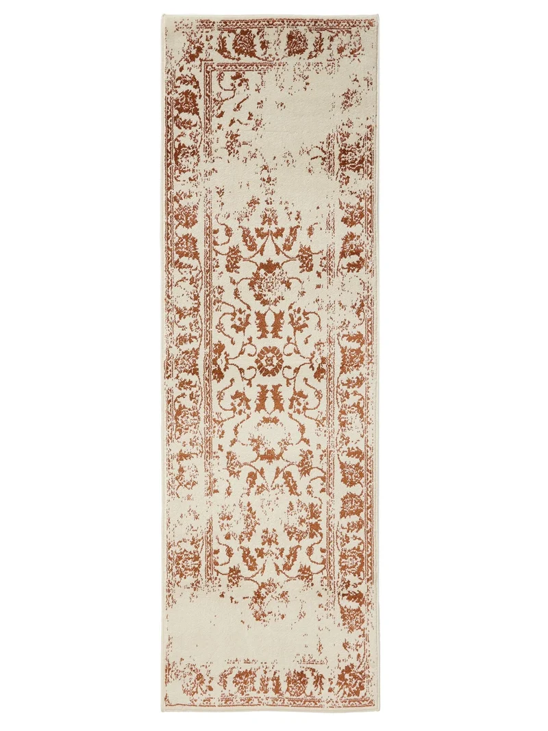 Tapis vintage motif floral de couloir crème et terracotta 80x240 cm