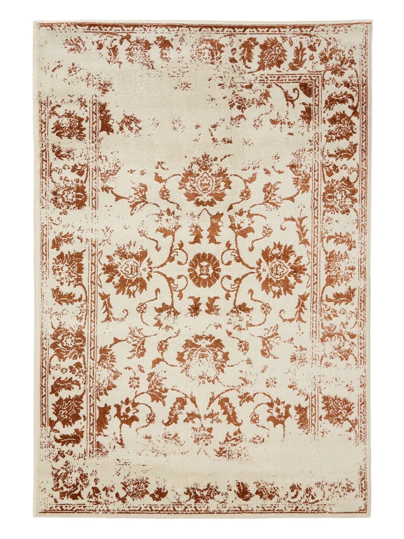 Tapis vintage motif floral crème et terracotta 80x150 cm