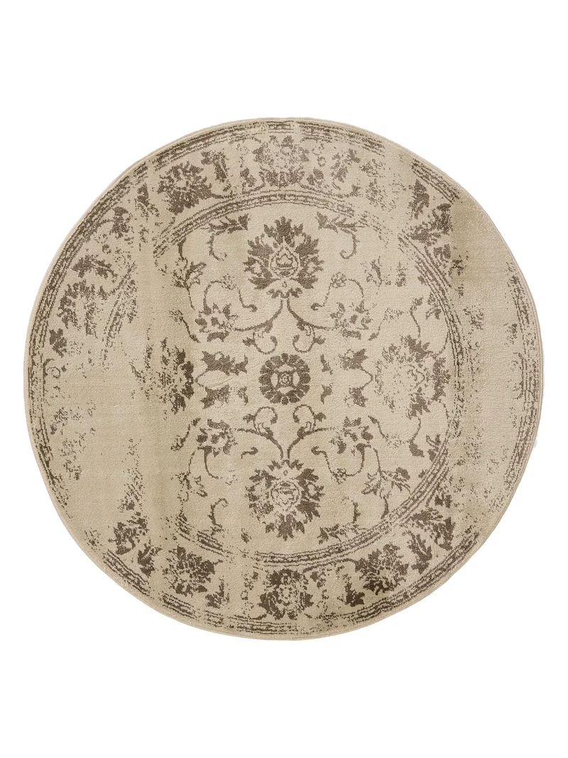 Tapis vintage motif floral rond crème et marron 160 cm de diamètre