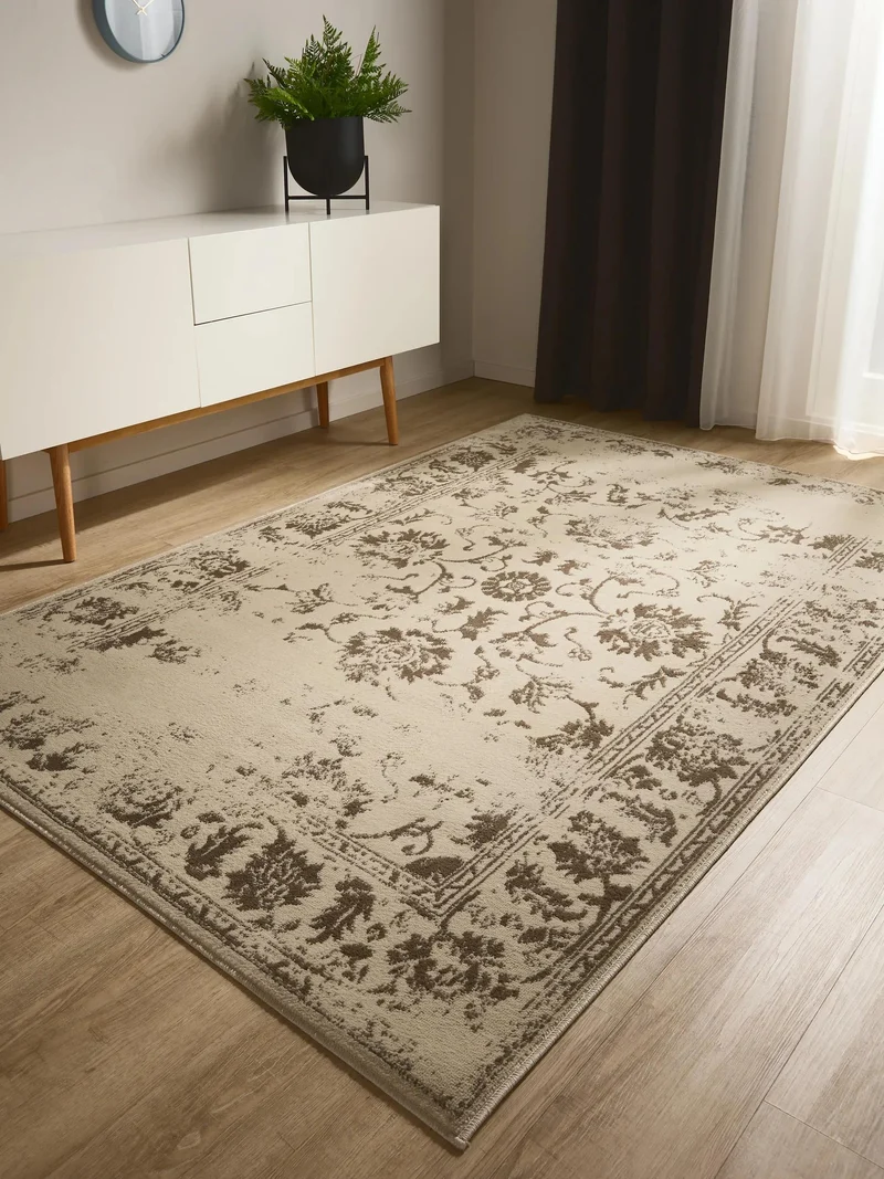 Tapis vintage motif floral crème et marron 60x120 cm