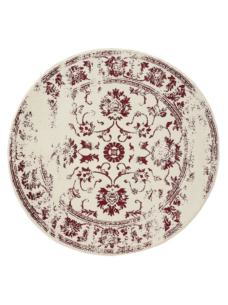 Tapis vintage motif floral rond beige et bordeaux 160 cm de diamètre