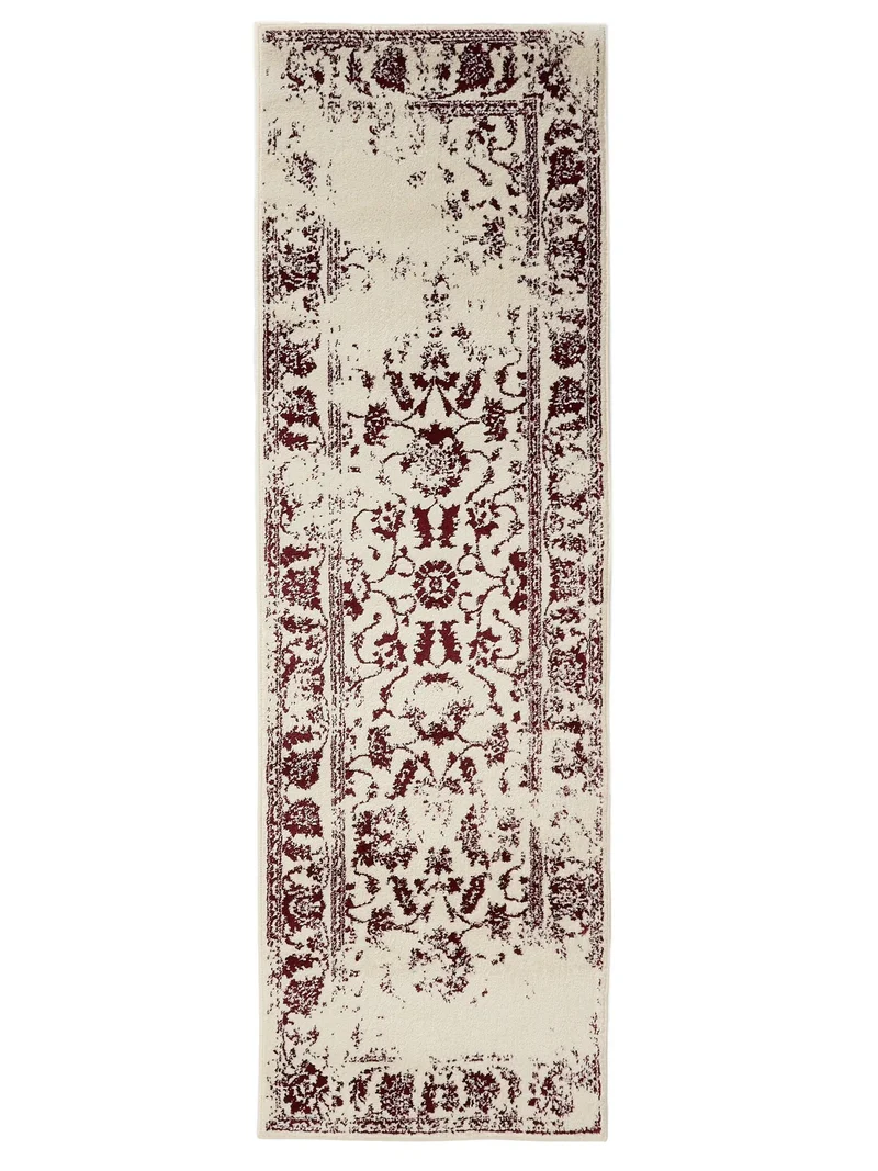 Tapis vintage motif floral de couloir beige et bordeaux 80x240 cm