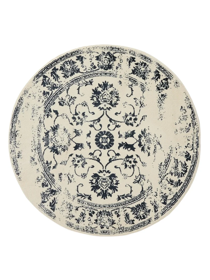 Tapis vintage motif floral rond beige et bleu 120 cm de diamètre