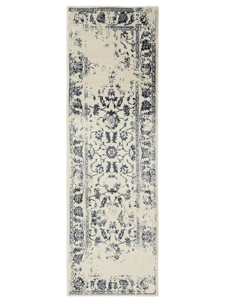Tapis vintage motif floral de couloir beige et bleu 80x240 cm