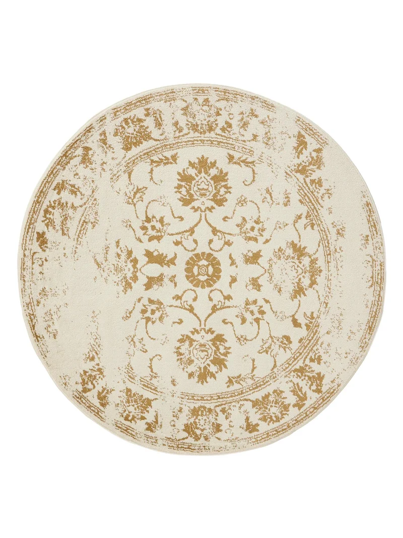 Tapis vintage motif floral rond beige et camel 120 cm de diamètre