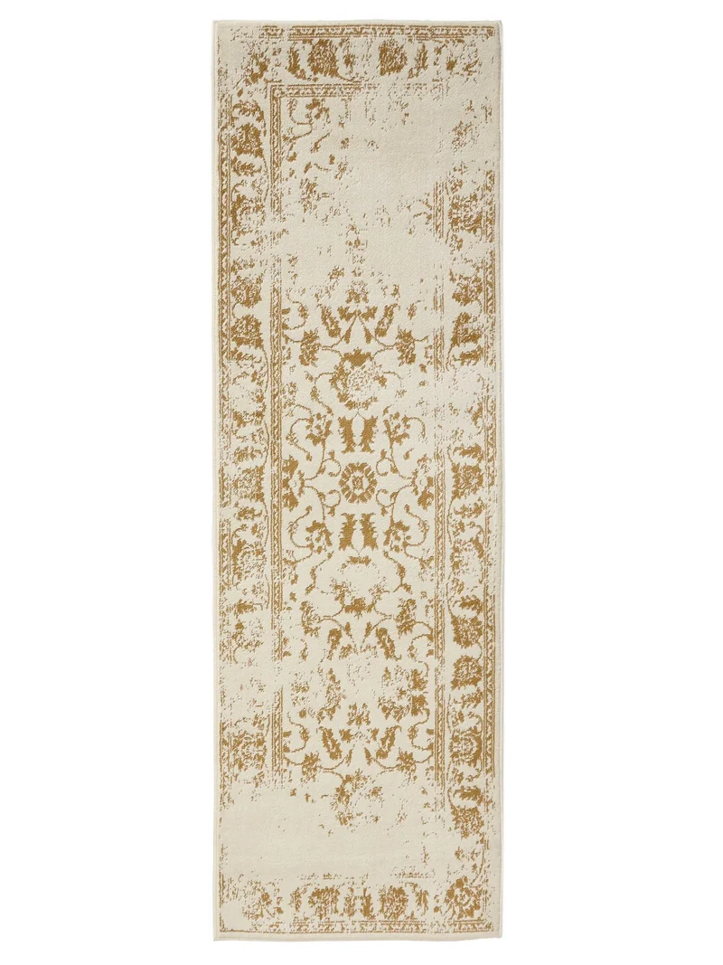 Tapis vintage motif floral de couloir beige et camel 80x240 cm