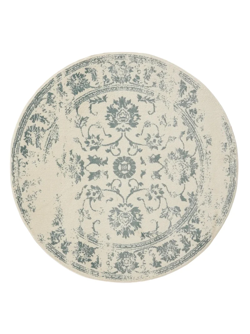Tapis vintage motif floral rond beige et vert 120 cm de diamètre