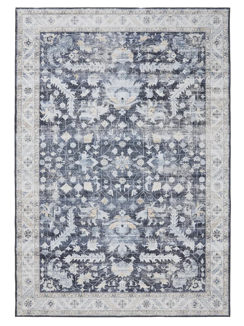 Tapis vintage motif floral bleu et beige lavable 160x230 cm
