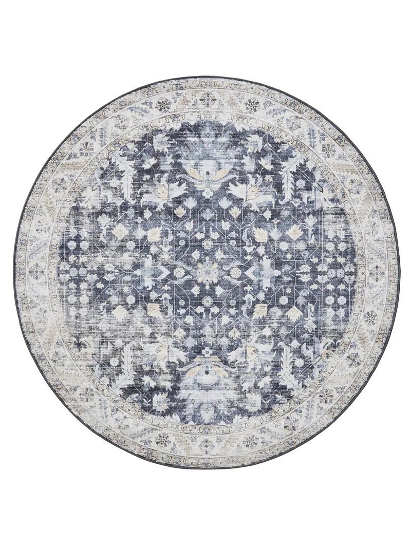 Tapis vintage motif floral rond bleu et beige lavable 120 cm de diamètre