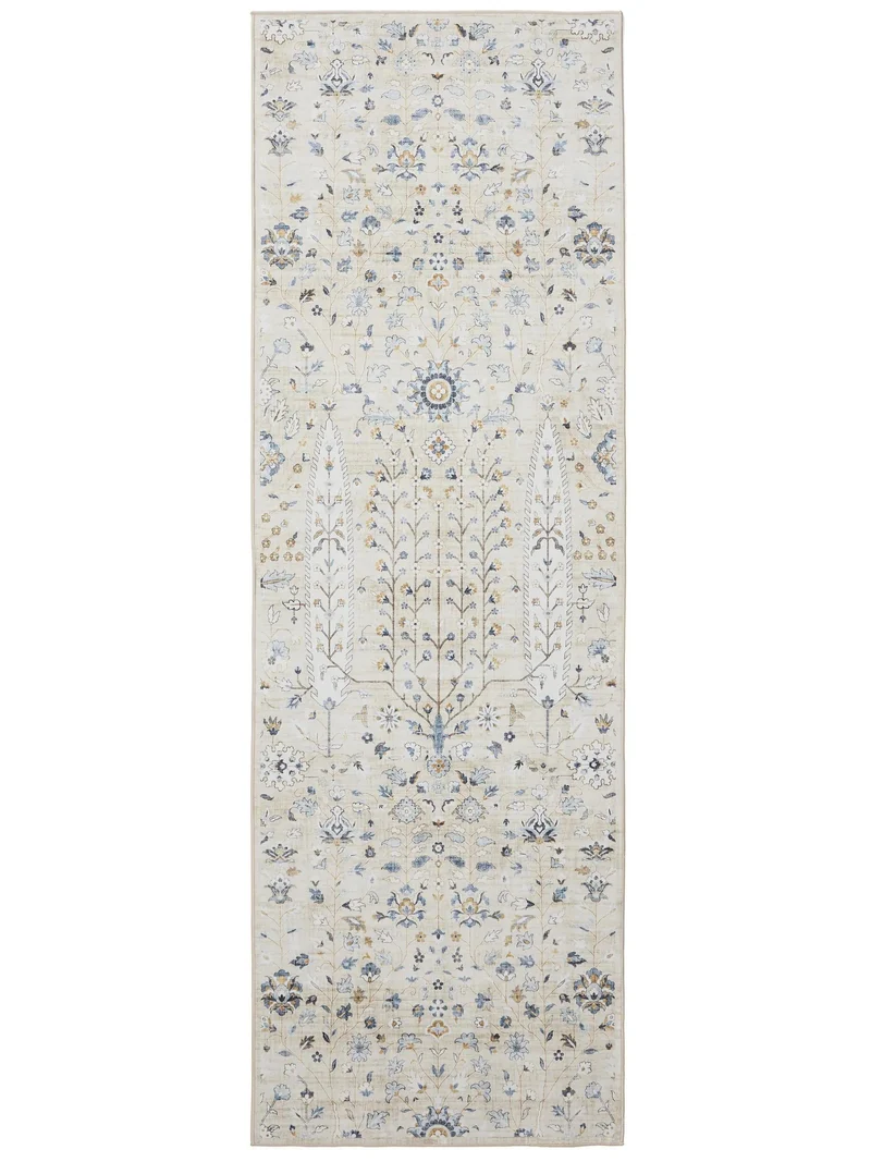 Tapis à fleurs de couloir beige lavable 80x240 cm