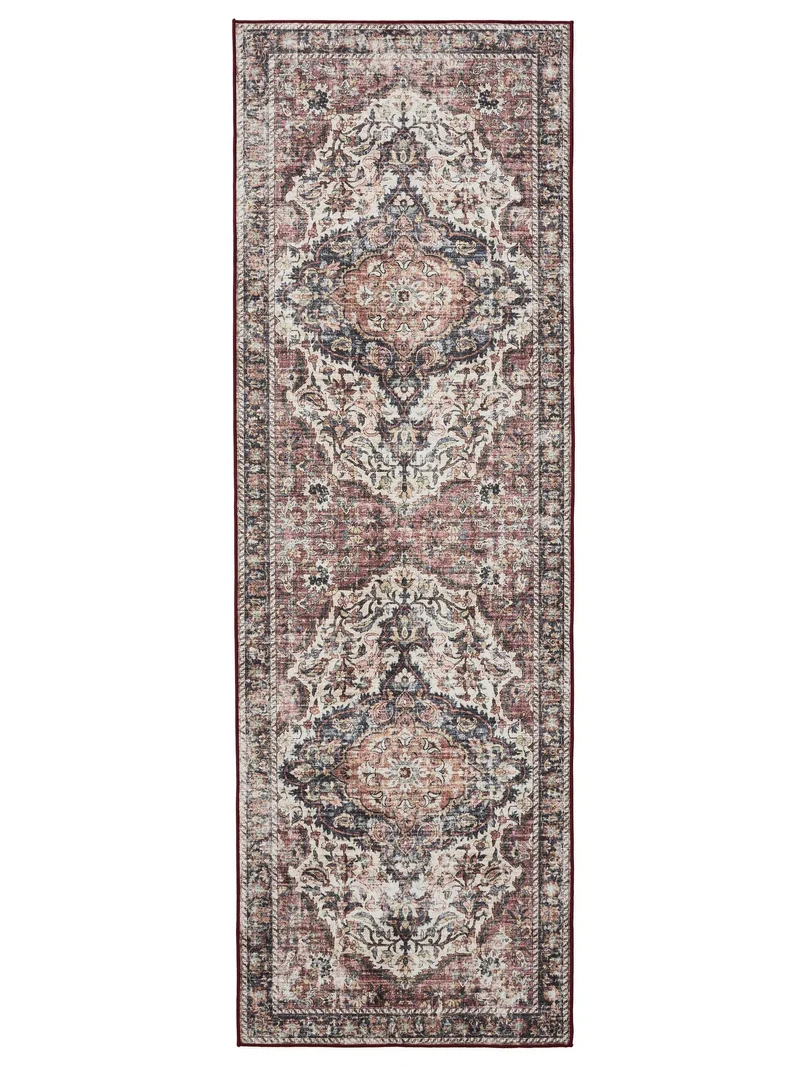 Tapis vintage motif oriental de couloir beige lavable 80x240 cm