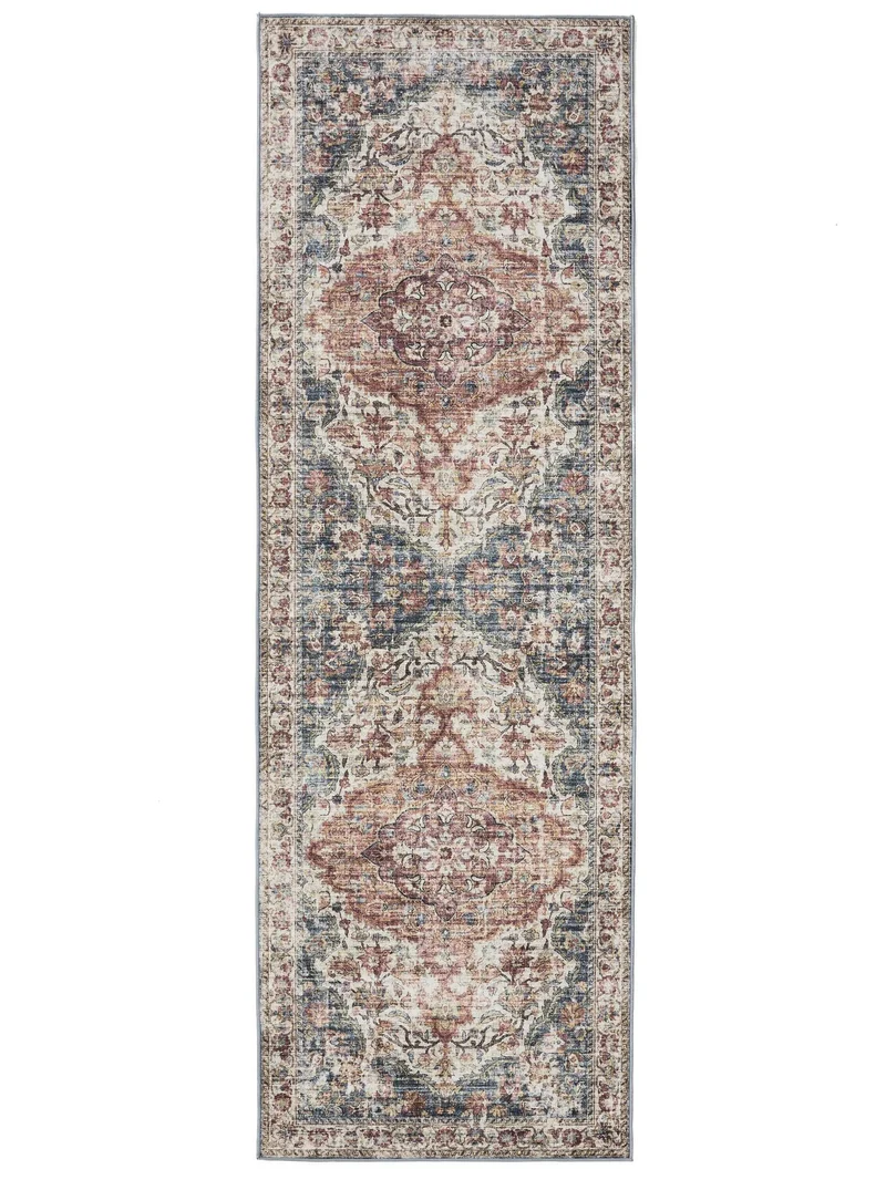 Tapis vintage motif oriental de couloir multicolore tons beige lavable 80x240 cm