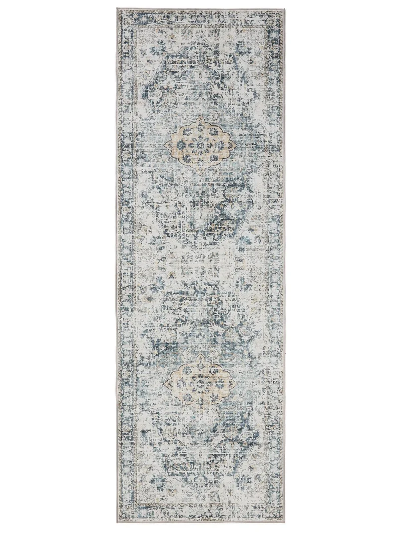 Tapis vintage motif floral de couloir beige et bleu lavable 80x240 cm