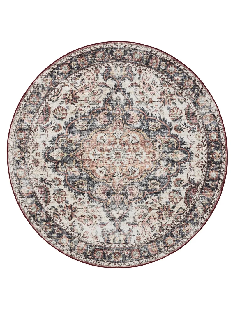 Tapis vintage motif oriental rond beige lavable 120 cm de diamètre