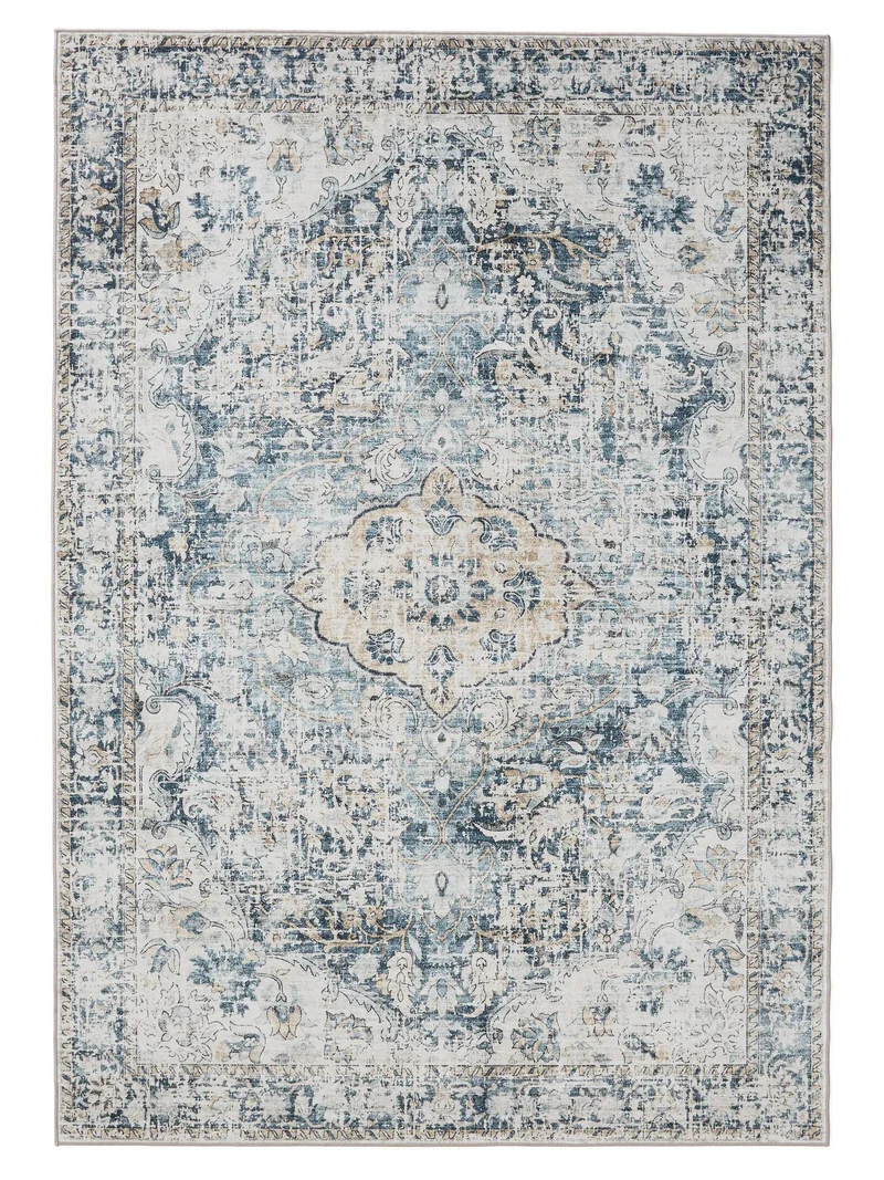 Tapis vintage motif floral beige et bleu lavable 160x230 cm
