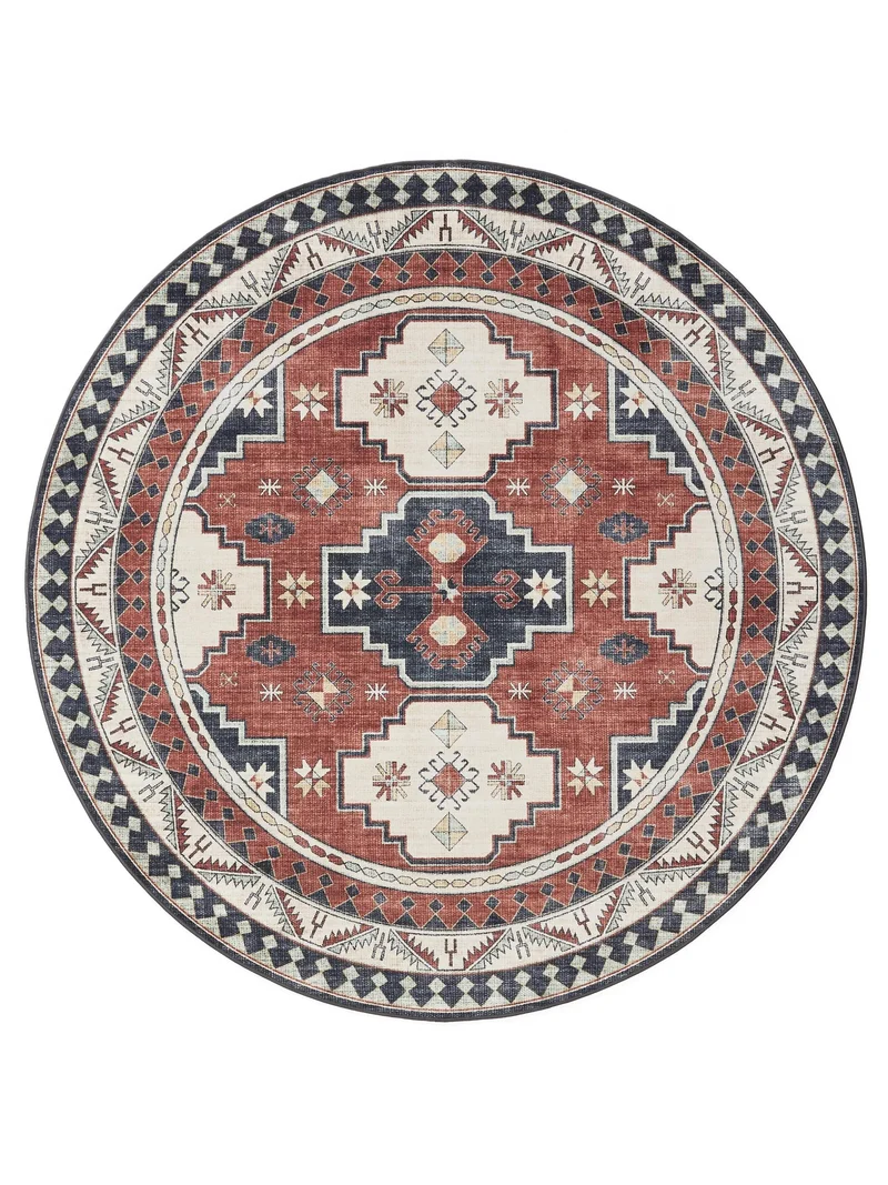 Tapis ethnique inspiration oriental rond rouge et beige lavable 120 cm de diamètre