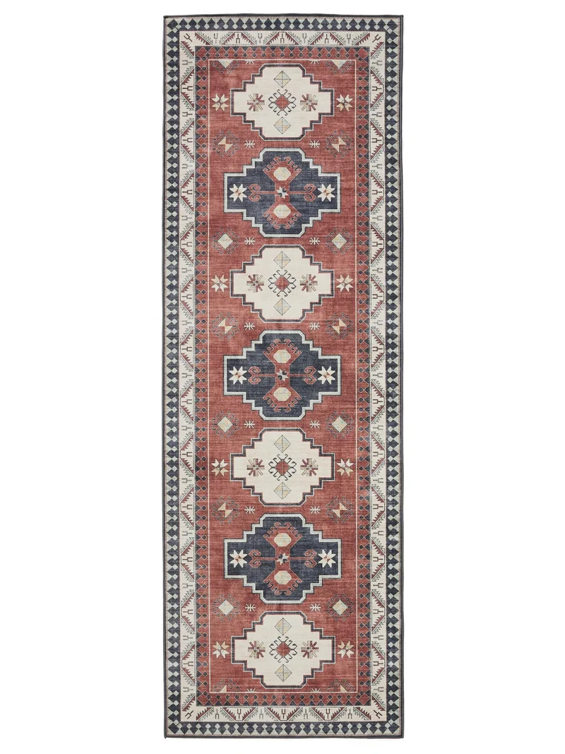 Tapis ethnique inspiration oriental de couloir rouge et beige lavable 80x240 cm