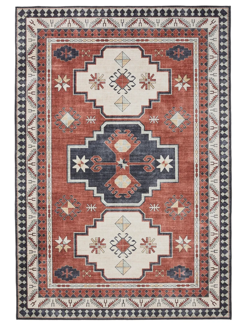 Tapis ethnique inspiration oriental rouge et beige lavable 80x150 cm