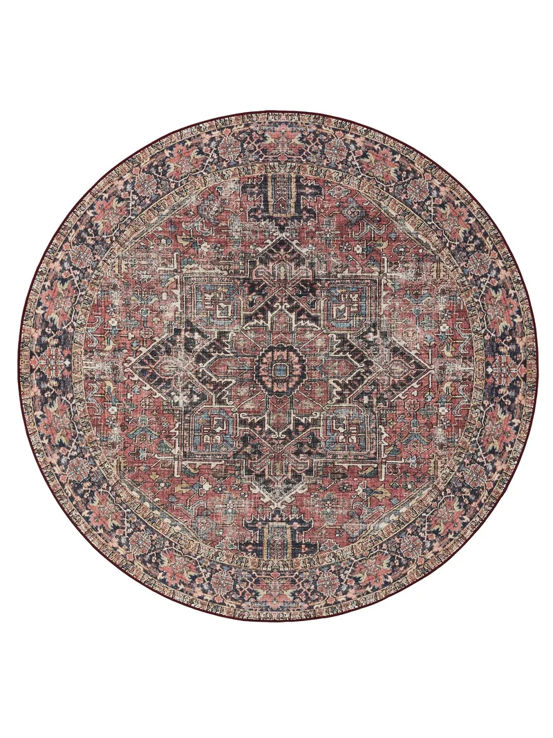 Tapis oriental rond multicolore tons bordeaux lavable 160 cm de diamètre
