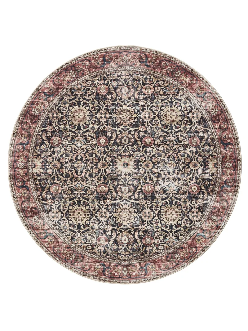 Tapis oriental vintage rond noir et marron lavable 160 cm de diamètre