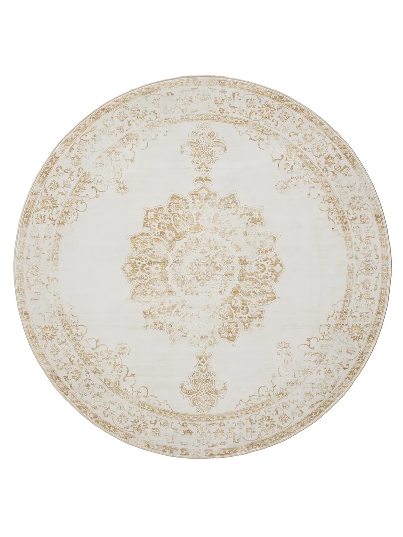 Tapis vintage inspiration oriental rond beige lavable 120 cm de diamètre