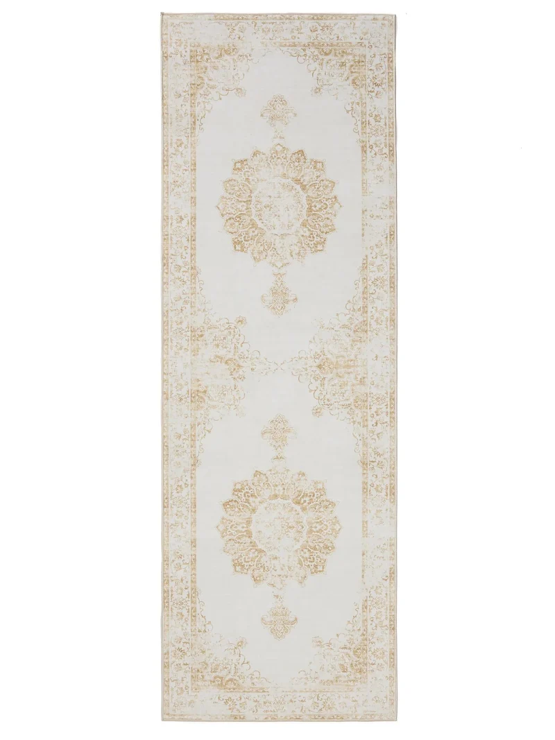 Tapis vintage inspiration oriental de couloir beige lavable 80x240 cm