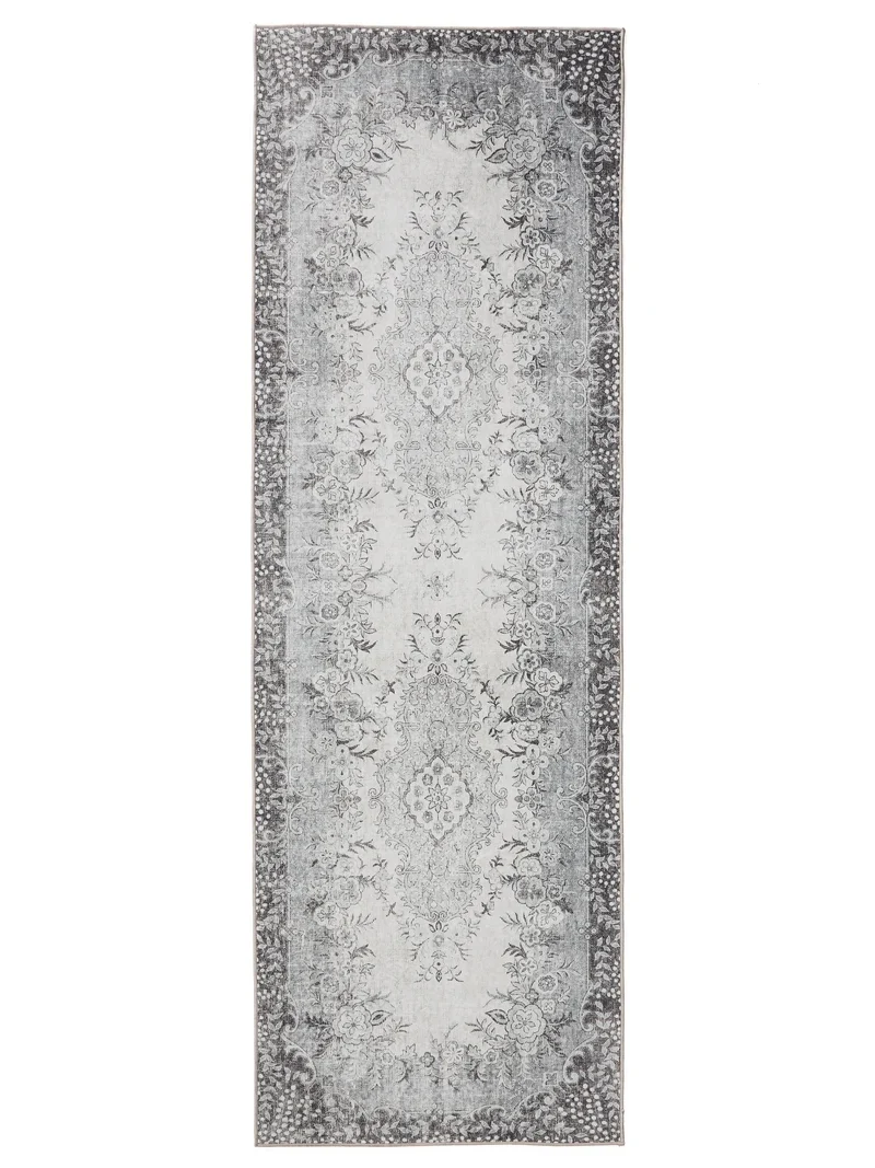 Tapis à fleurs vintage de couloir gris lavable 80x240 cm