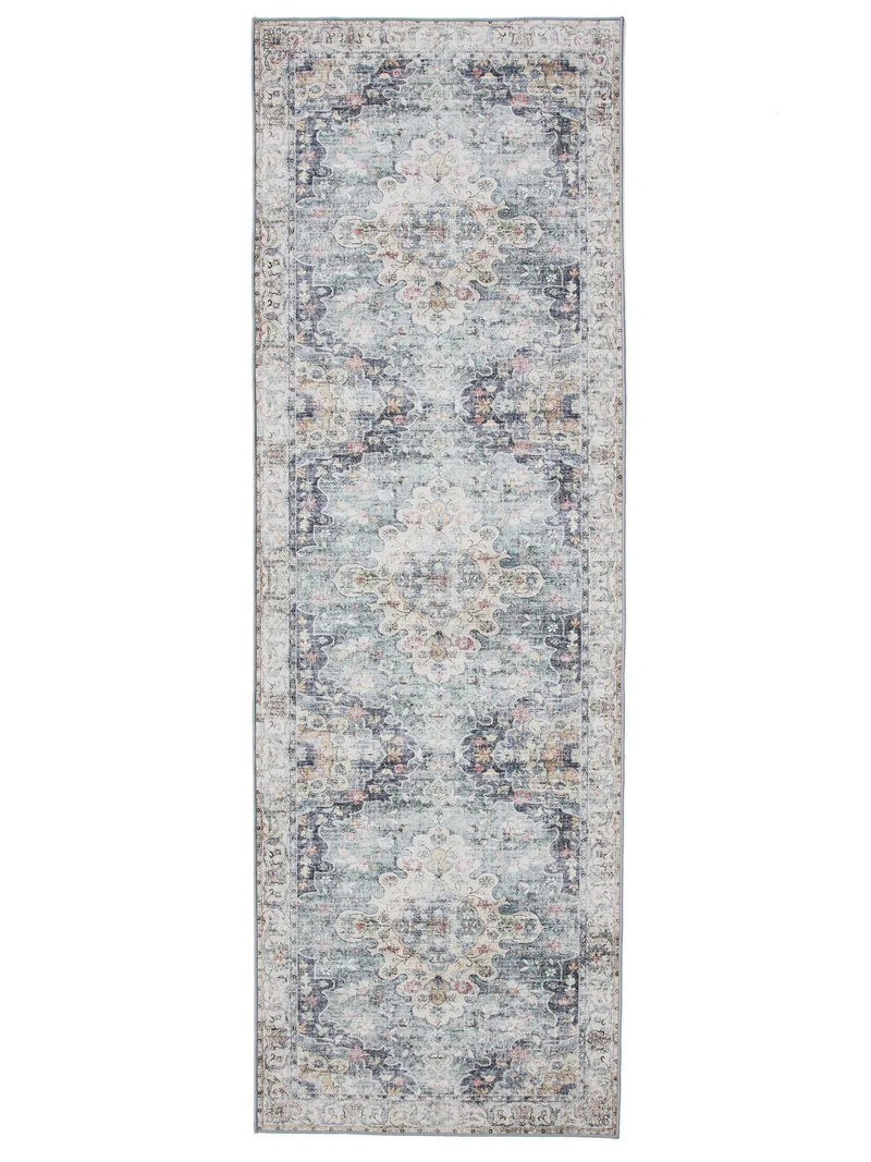 Tapis oriental vintage de couloir bleu lavable 80x240 cm